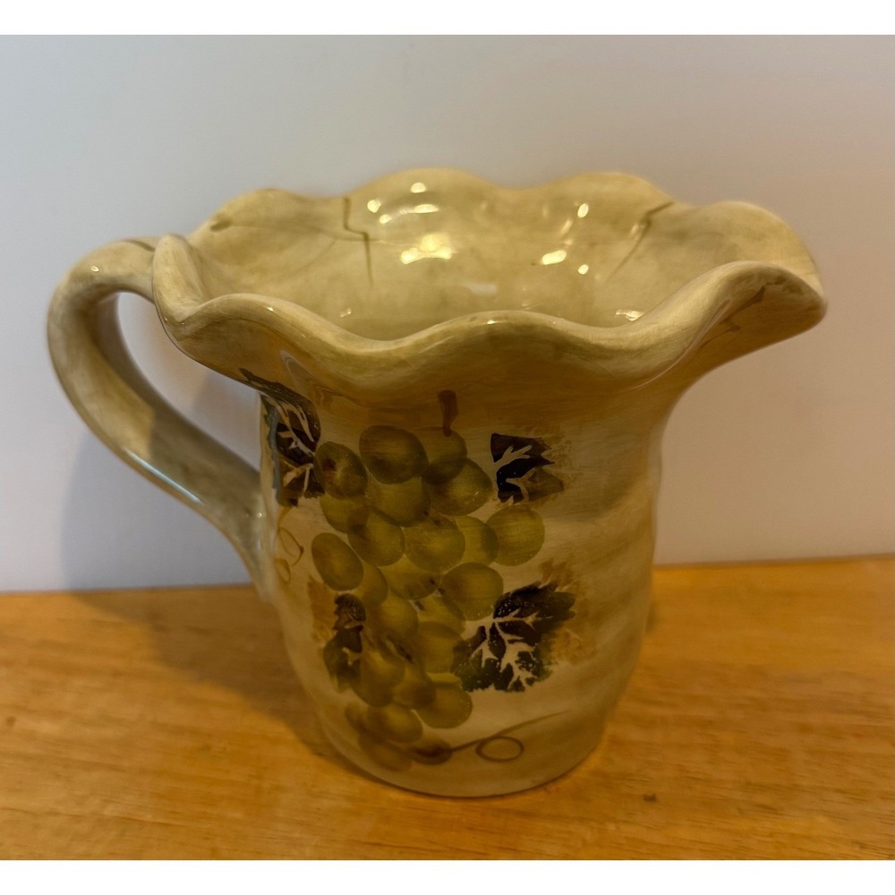 Tabletops Unlimited Cabernet 5in Creamer Pitcher Tan Hand Painted Grapes Ceramic